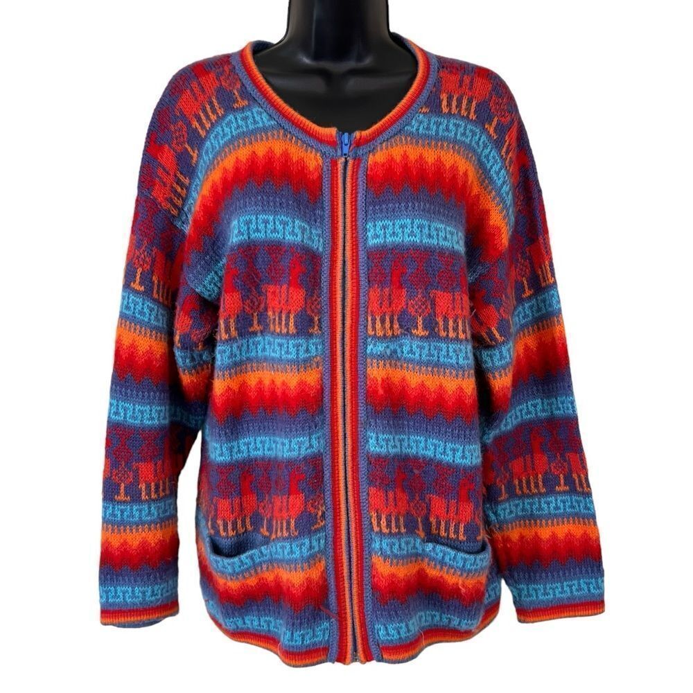 Alpaca zip up cardigan sweater from Peru with colorful striped Alpaca design